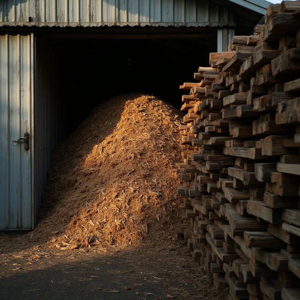 Stacked wood chip storage bins next to a small biomass processing shed