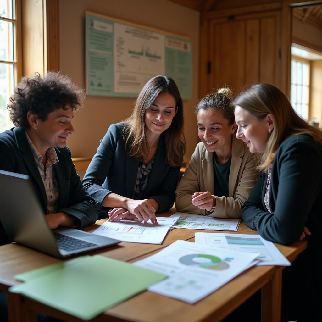 Members of a housing cooperative reviewing renewable energy planning documents together around a table