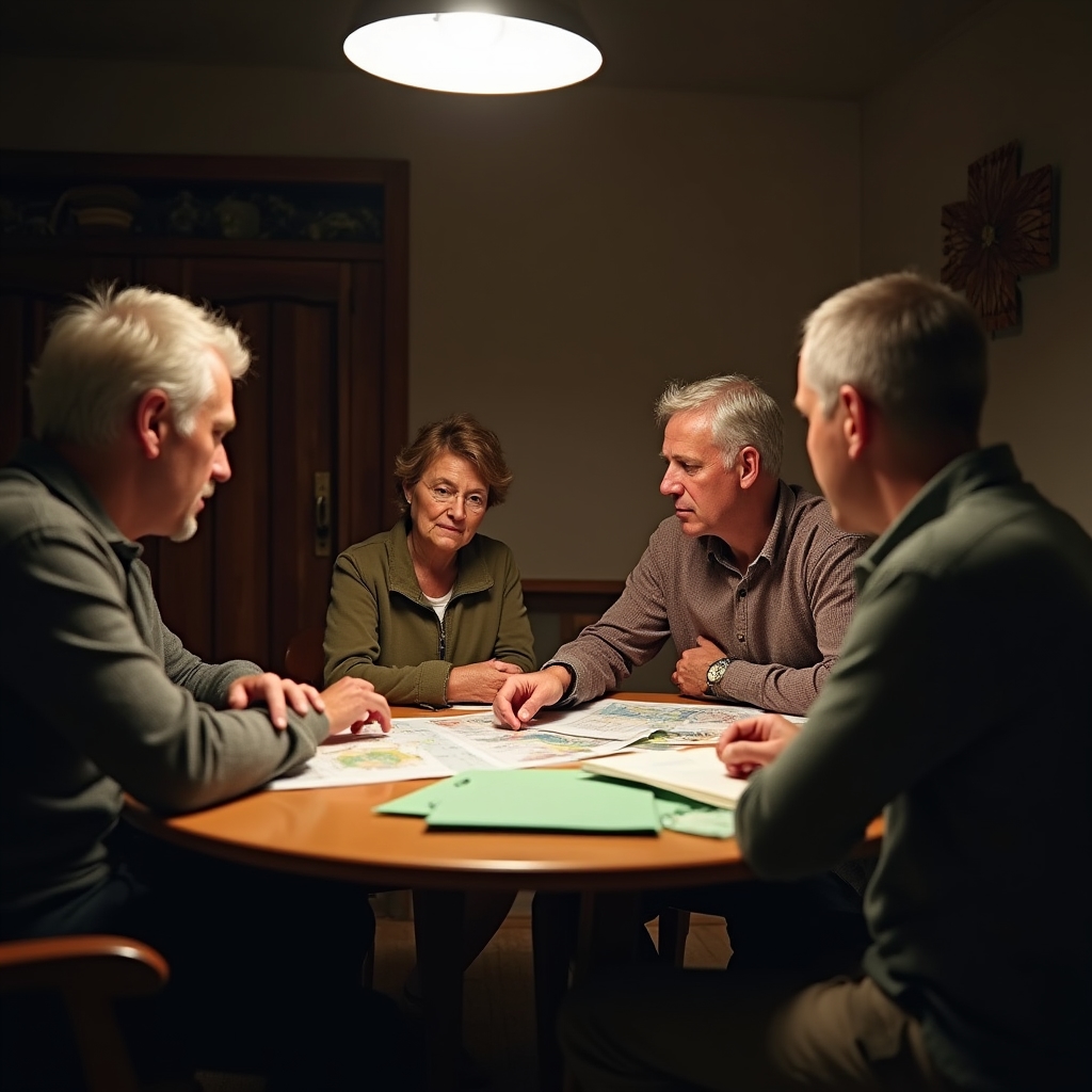 A small group of cooperative members discussing renewable energy documents in a community hall