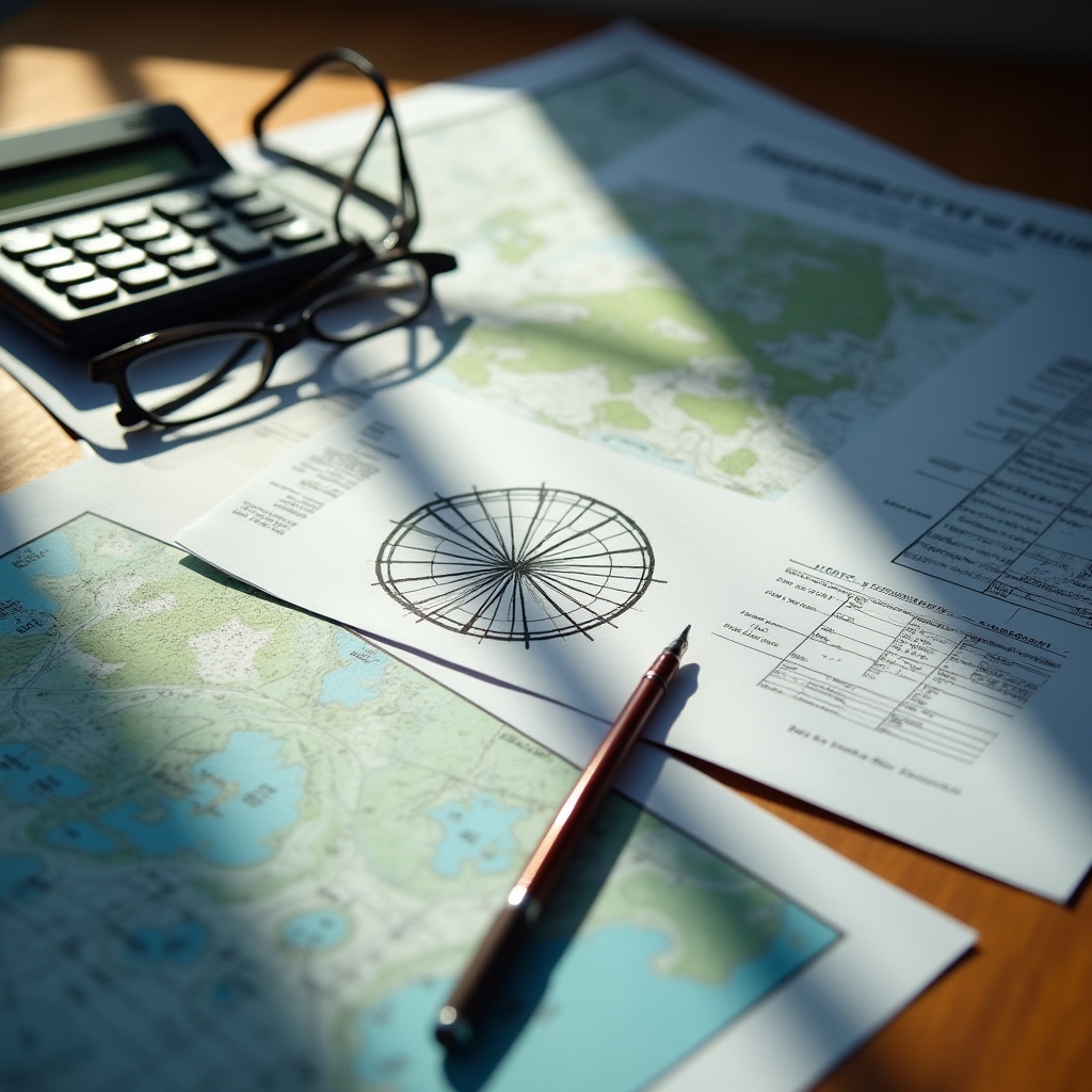 Feasibility study documents, maps, and a calculator laid out on a wooden desk