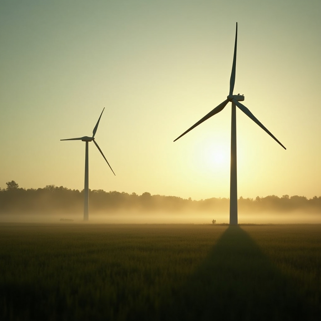 Small wind turbines standing in an open field near a rural community during early morning light