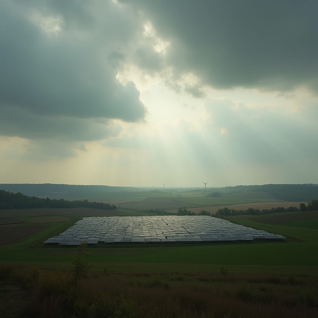 Wide rural landscape with mixed farmland and a distant small solar array under an overcast sky