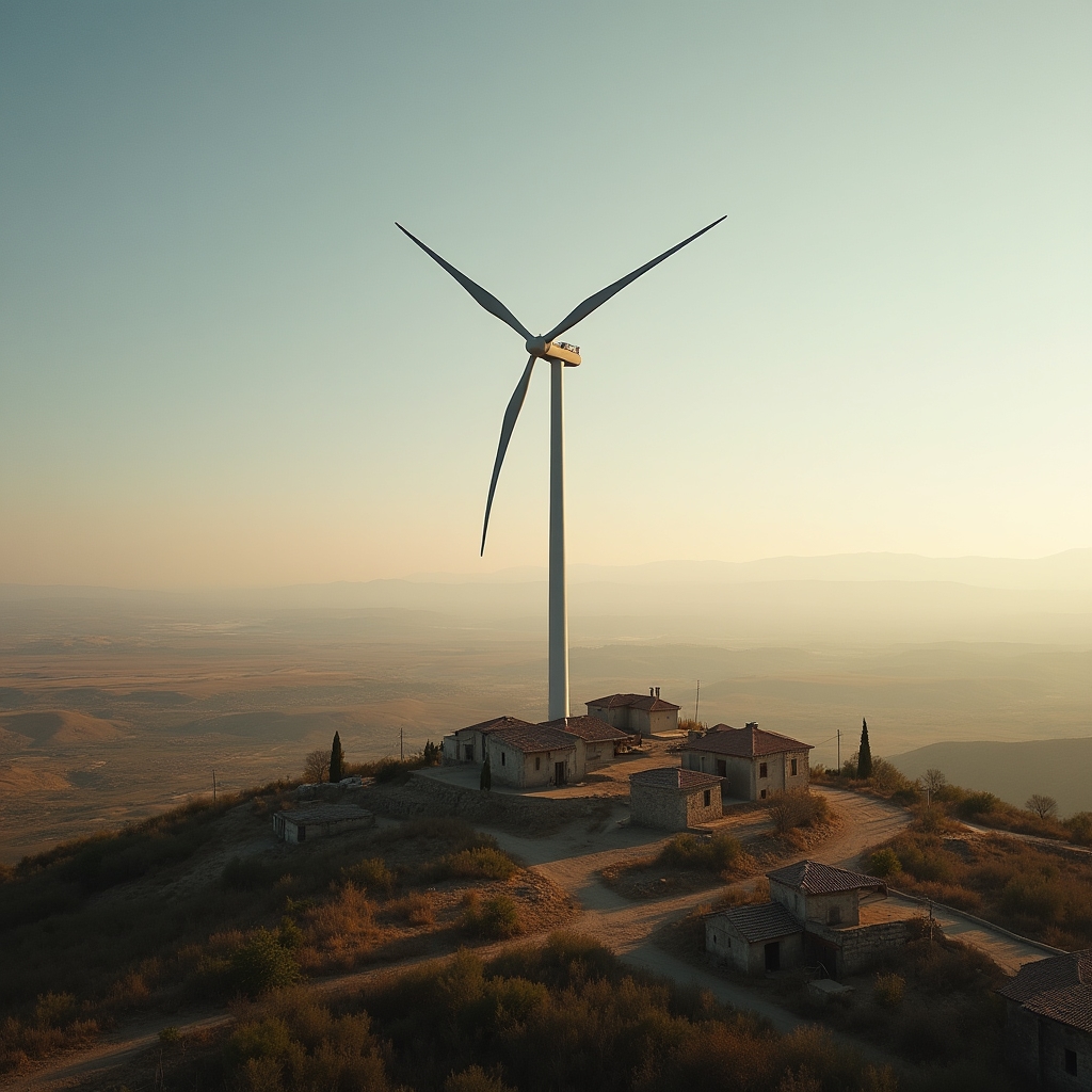 A single small wind turbine standing near a cluster of rural community buildings