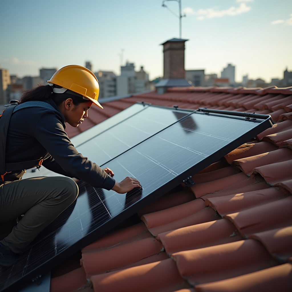 Solar panels being assessed for installation on a residential cooperative rooftop